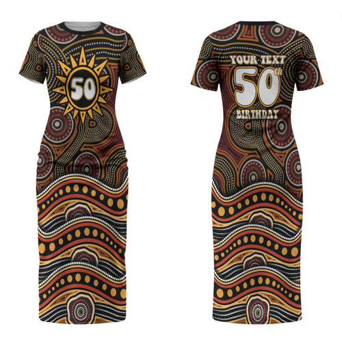 Personalised Aboriginal 50th Birthday Couples Matching Short Sleeve Bodycon Dress and Hawaiian Shirt Indigenous Dot Painting Native Australian Celebration
