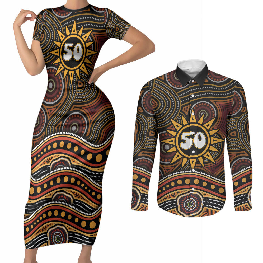 Personalised Aboriginal 50th Birthday Couples Matching Short Sleeve Bodycon Dress and Long Sleeve Button Shirt Indigenous Dot Painting Native Australian Celebration