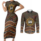 Personalised Aboriginal 50th Birthday Couples Matching Short Sleeve Bodycon Dress and Long Sleeve Button Shirt Indigenous Dot Painting Native Australian Celebration