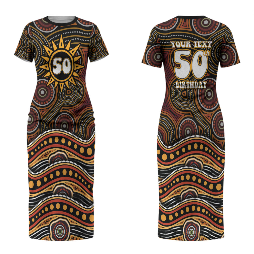 Personalised Aboriginal 50th Birthday Couples Matching Short Sleeve Bodycon Dress and Long Sleeve Button Shirt Indigenous Dot Painting Native Australian Celebration