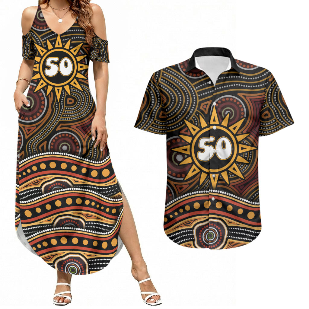 Personalised Aboriginal 50th Birthday Couples Matching Summer Maxi Dress and Hawaiian Shirt Indigenous Dot Painting Native Australian Celebration