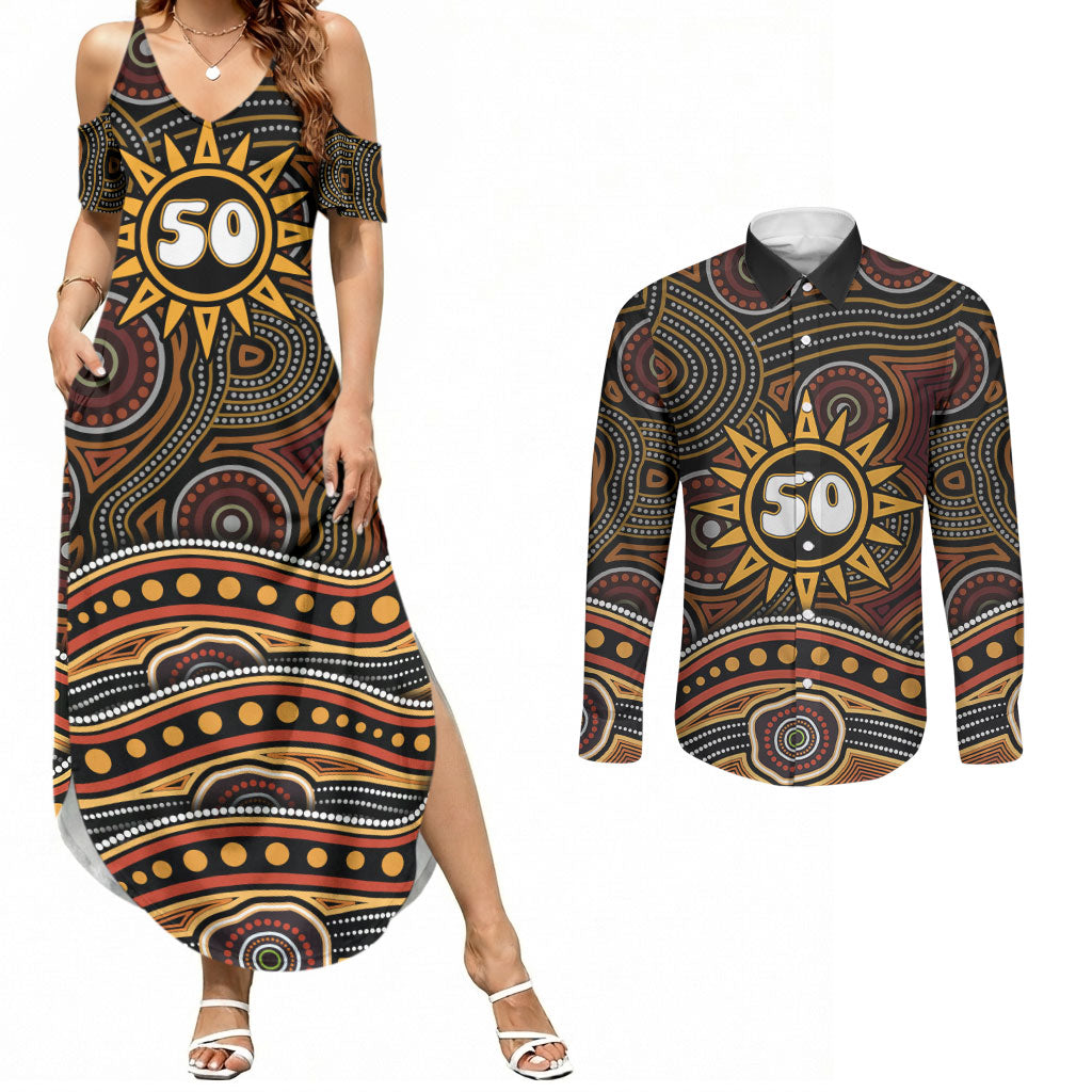 Personalised Aboriginal 50th Birthday Couples Matching Summer Maxi Dress and Long Sleeve Button Shirt Indigenous Dot Painting Native Australian Celebration