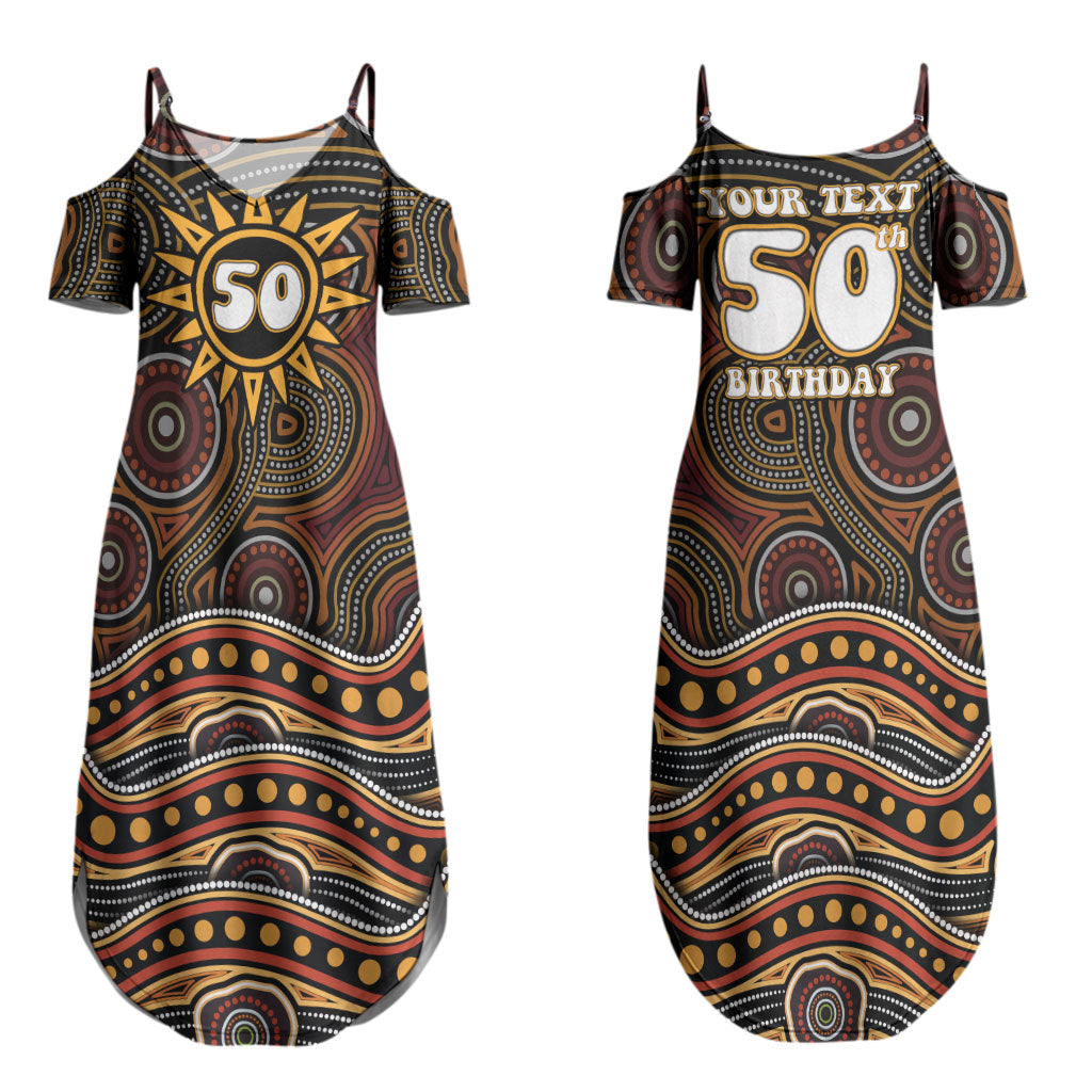 Personalised Aboriginal 50th Birthday Couples Matching Summer Maxi Dress and Long Sleeve Button Shirt Indigenous Dot Painting Native Australian Celebration