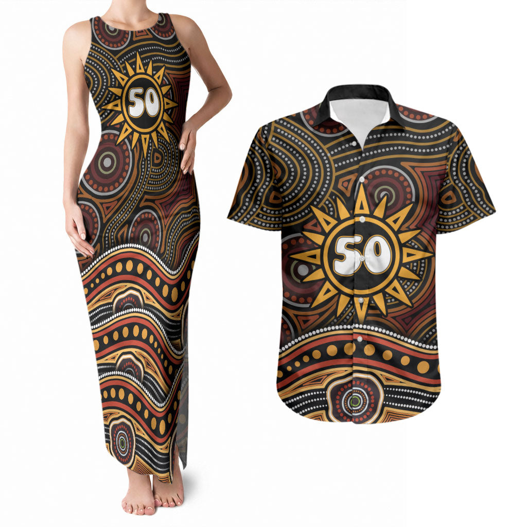 Personalised Aboriginal 50th Birthday Couples Matching Tank Maxi Dress and Hawaiian Shirt Indigenous Dot Painting Native Australian Celebration