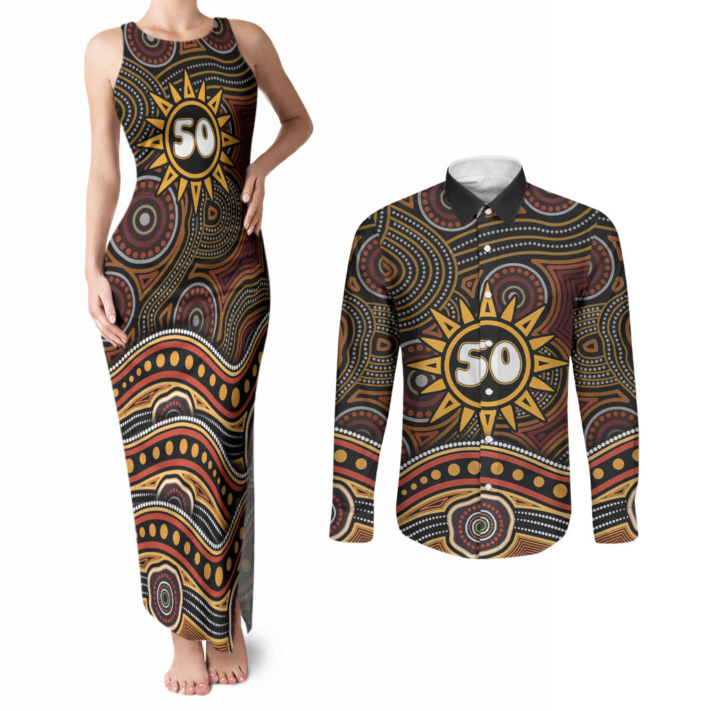 Personalised Aboriginal 50th Birthday Couples Matching Tank Maxi Dress and Long Sleeve Button Shirt Indigenous Dot Painting Native Australian Celebration