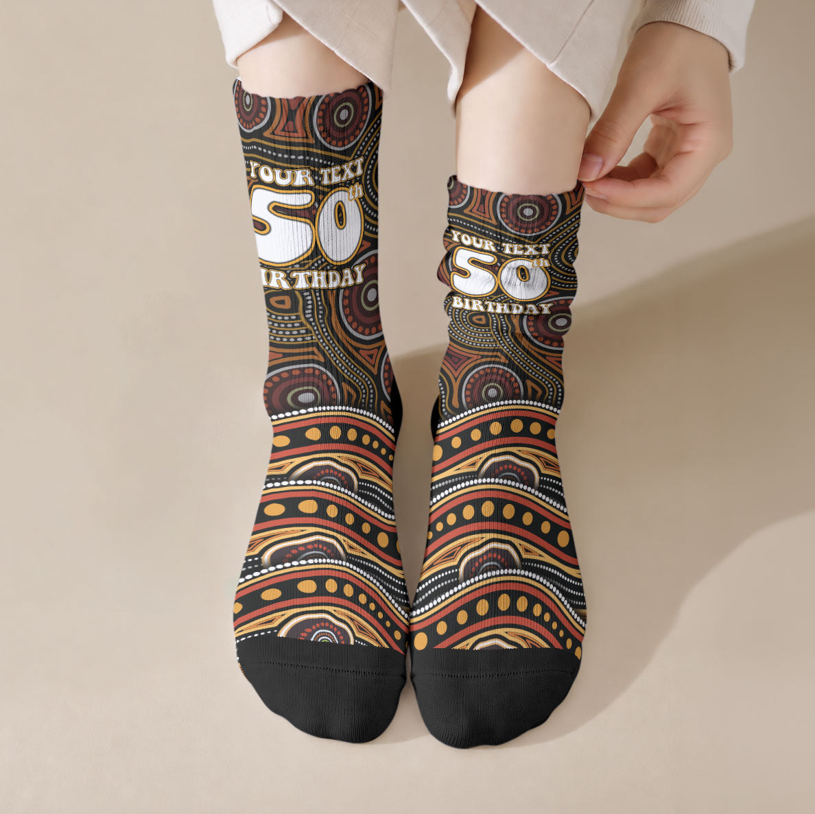 Personalised Aboriginal 50th Birthday Crew Socks Indigenous Dot Painting Native Australian Celebration