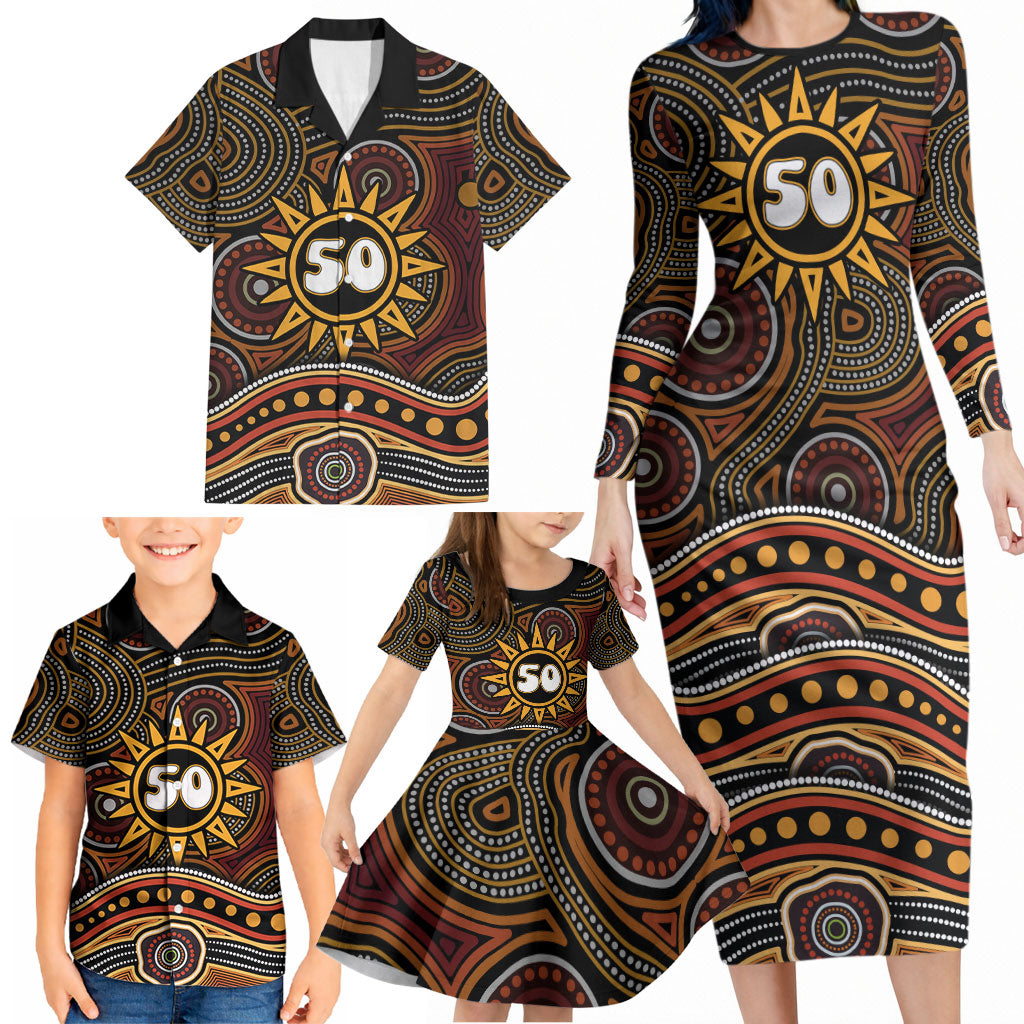Personalised Aboriginal 50th Birthday Family Matching Long Sleeve Bodycon Dress and Hawaiian Shirt Indigenous Dot Painting Native Australian Celebration