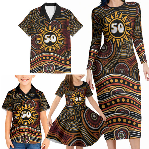 Personalised Aboriginal 50th Birthday Family Matching Long Sleeve Bodycon Dress and Hawaiian Shirt Indigenous Dot Painting Native Australian Celebration