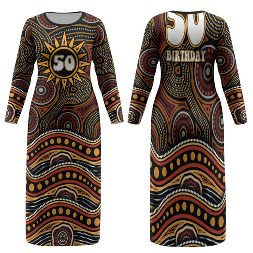 Personalised Aboriginal 50th Birthday Family Matching Long Sleeve Bodycon Dress and Hawaiian Shirt Indigenous Dot Painting Native Australian Celebration