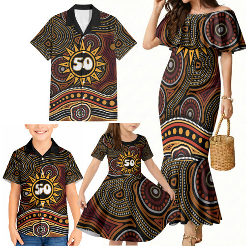 Personalised Aboriginal 50th Birthday Family Matching Mermaid Dress and Hawaiian Shirt Indigenous Dot Painting Native Australian Celebration