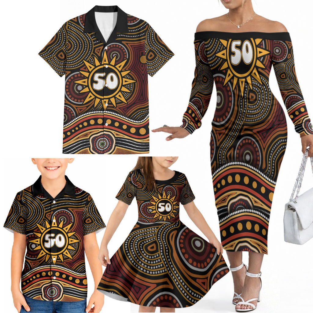Personalised Aboriginal 50th Birthday Family Matching Off The Shoulder Long Sleeve Dress and Hawaiian Shirt Indigenous Dot Painting Native Australian Celebration
