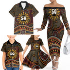 Personalised Aboriginal 50th Birthday Family Matching Off The Shoulder Long Sleeve Dress and Hawaiian Shirt Indigenous Dot Painting Native Australian Celebration