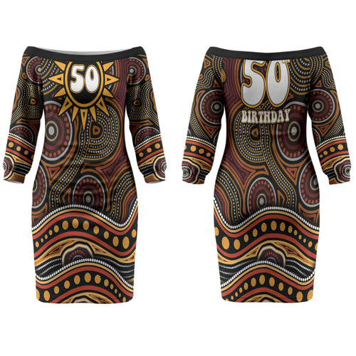 Personalised Aboriginal 50th Birthday Family Matching Off The Shoulder Long Sleeve Dress and Hawaiian Shirt Indigenous Dot Painting Native Australian Celebration