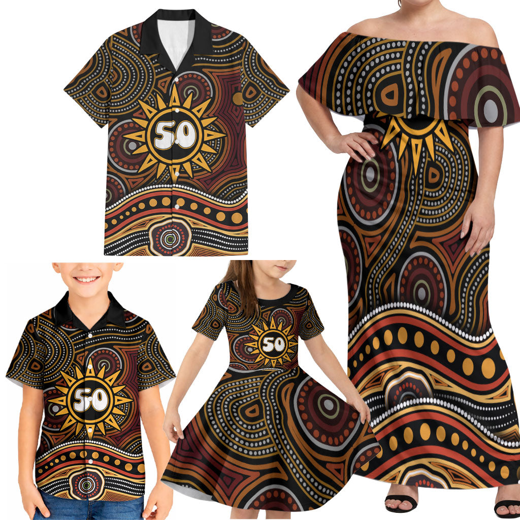 Personalised Aboriginal 50th Birthday Family Matching Off Shoulder Maxi Dress and Hawaiian Shirt Indigenous Dot Painting Native Australian Celebration