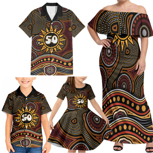 Personalised Aboriginal 50th Birthday Family Matching Off Shoulder Maxi Dress and Hawaiian Shirt Indigenous Dot Painting Native Australian Celebration