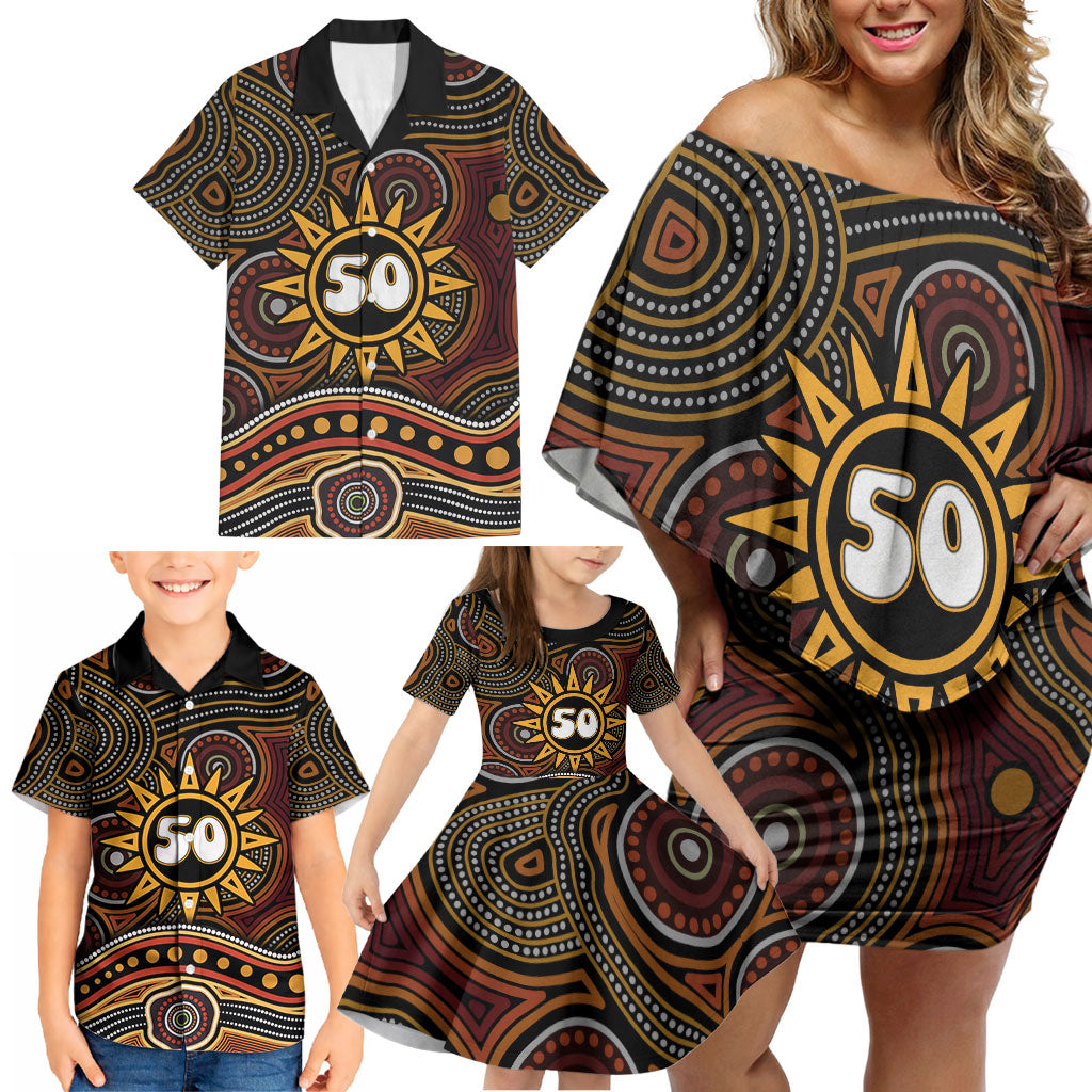 Personalised Aboriginal 50th Birthday Family Matching Off Shoulder Short Dress and Hawaiian Shirt Indigenous Dot Painting Native Australian Celebration