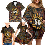 Personalised Aboriginal 50th Birthday Family Matching Off Shoulder Short Dress and Hawaiian Shirt Indigenous Dot Painting Native Australian Celebration