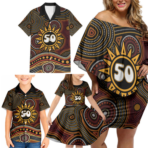 Personalised Aboriginal 50th Birthday Family Matching Off Shoulder Short Dress and Hawaiian Shirt Indigenous Dot Painting Native Australian Celebration
