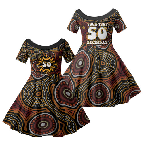 Personalised Aboriginal 50th Birthday Family Matching Off Shoulder Short Dress and Hawaiian Shirt Indigenous Dot Painting Native Australian Celebration