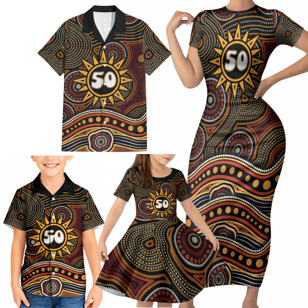 Personalised Aboriginal 50th Birthday Family Matching Short Sleeve Bodycon Dress and Hawaiian Shirt Indigenous Dot Painting Native Australian Celebration