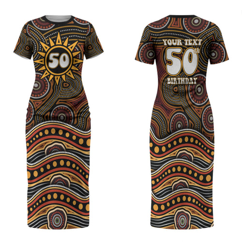Personalised Aboriginal 50th Birthday Family Matching Short Sleeve Bodycon Dress and Hawaiian Shirt Indigenous Dot Painting Native Australian Celebration