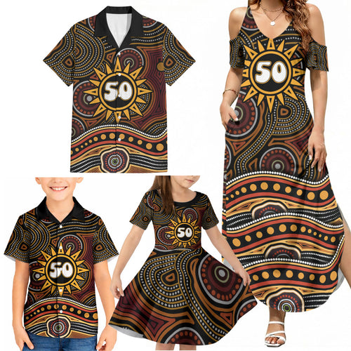 Personalised Aboriginal 50th Birthday Family Matching Summer Maxi Dress and Hawaiian Shirt Indigenous Dot Painting Native Australian Celebration
