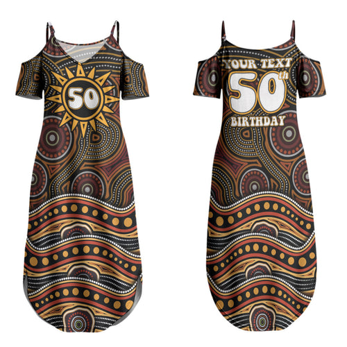 Personalised Aboriginal 50th Birthday Family Matching Summer Maxi Dress and Hawaiian Shirt Indigenous Dot Painting Native Australian Celebration