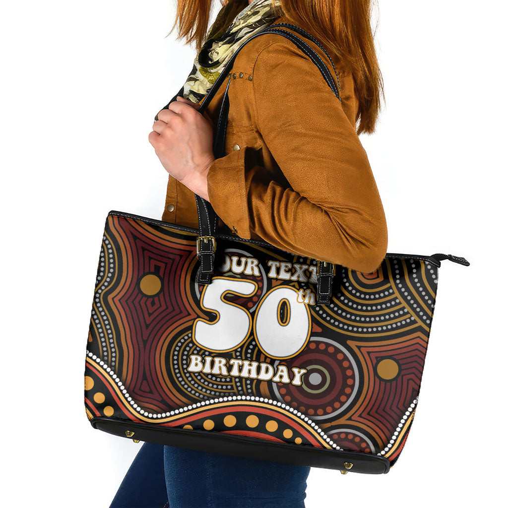 Personalised Aboriginal 50th Birthday Leather Tote Bag Indigenous Dot Painting Native Australian Celebration