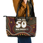 Personalised Aboriginal 50th Birthday Leather Tote Bag Indigenous Dot Painting Native Australian Celebration
