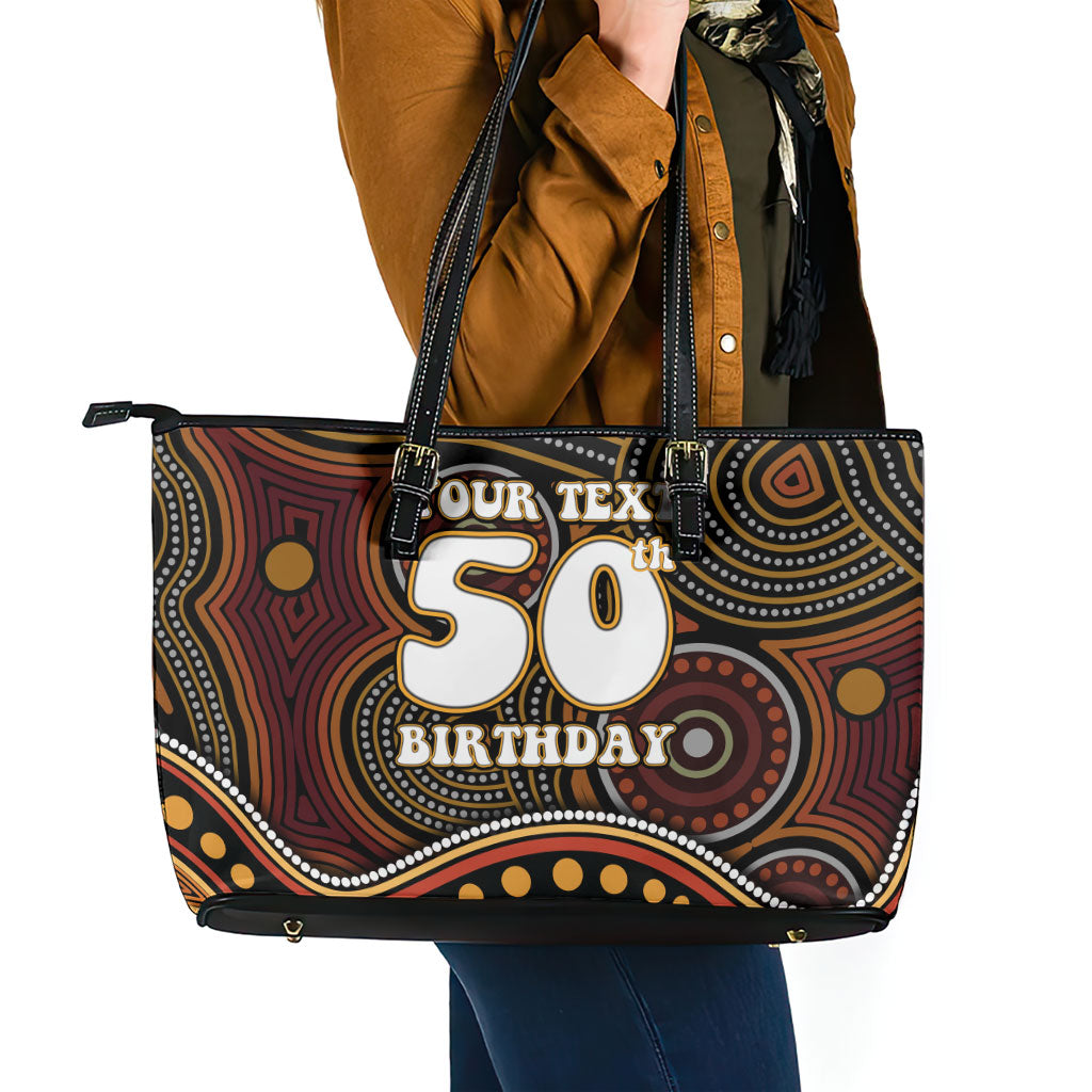 Personalised Aboriginal 50th Birthday Leather Tote Bag Indigenous Dot Painting Native Australian Celebration