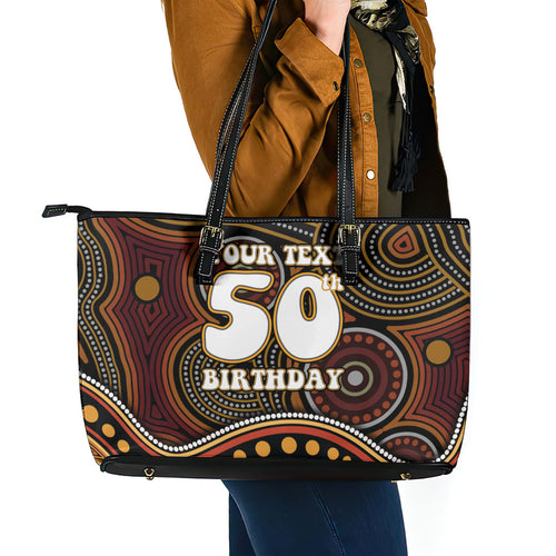 Personalised Aboriginal 50th Birthday Leather Tote Bag Indigenous Dot Painting Native Australian Celebration
