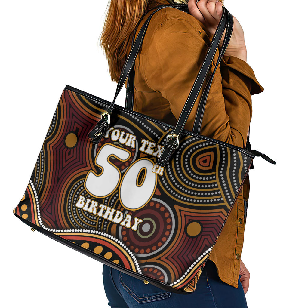 Personalised Aboriginal 50th Birthday Leather Tote Bag Indigenous Dot Painting Native Australian Celebration