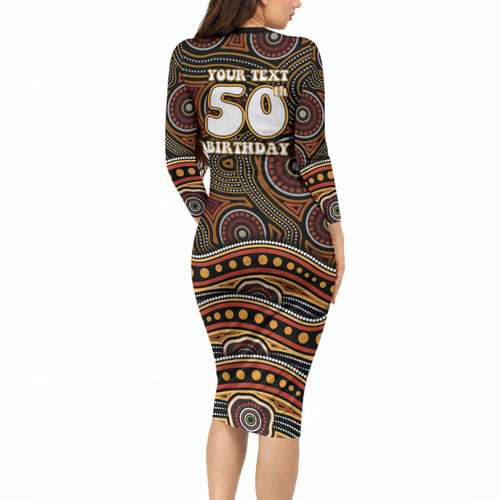 Personalised Aboriginal 50th Birthday Long Sleeve Bodycon Dress Indigenous Dot Painting Native Australian Celebration