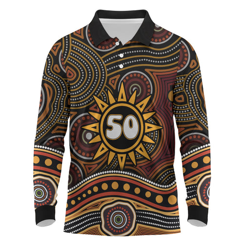 Personalised Aboriginal 50th Birthday Long Sleeve Polo Shirt Indigenous Dot Painting Native Australian Celebration