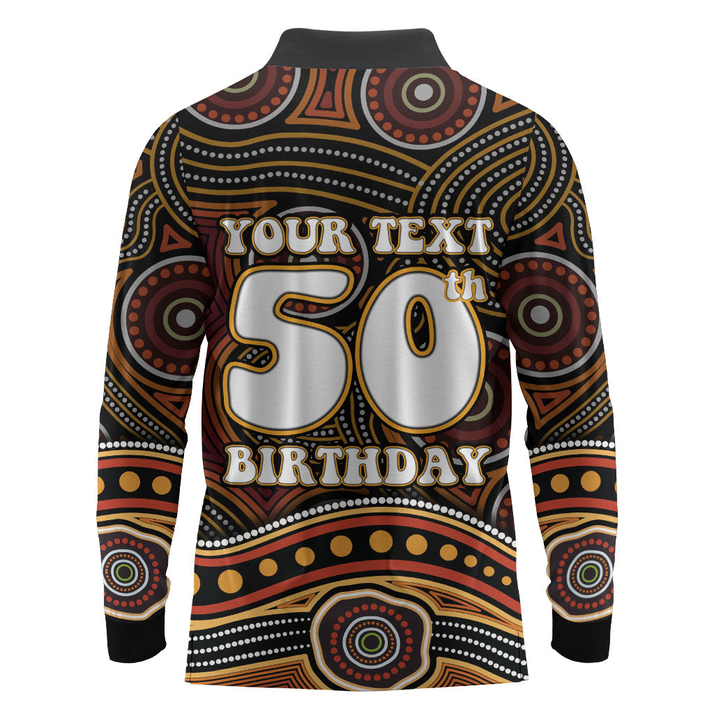 Personalised Aboriginal 50th Birthday Long Sleeve Polo Shirt Indigenous Dot Painting Native Australian Celebration