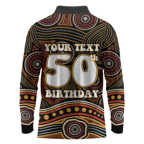 Personalised Aboriginal 50th Birthday Long Sleeve Polo Shirt Indigenous Dot Painting Native Australian Celebration
