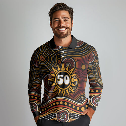 Personalised Aboriginal 50th Birthday Long Sleeve Polo Shirt Indigenous Dot Painting Native Australian Celebration