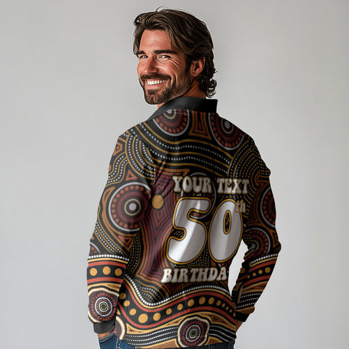 Personalised Aboriginal 50th Birthday Long Sleeve Polo Shirt Indigenous Dot Painting Native Australian Celebration