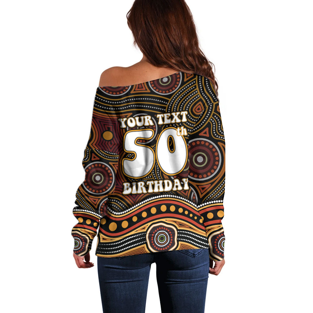 Personalised Aboriginal 50th Birthday Off Shoulder Sweater Indigenous Dot Painting Native Australian Celebration
