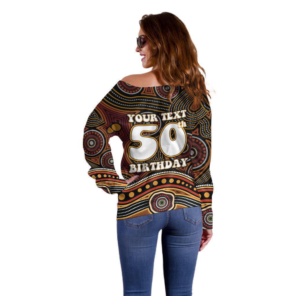 Personalised Aboriginal 50th Birthday Off Shoulder Sweater Indigenous Dot Painting Native Australian Celebration