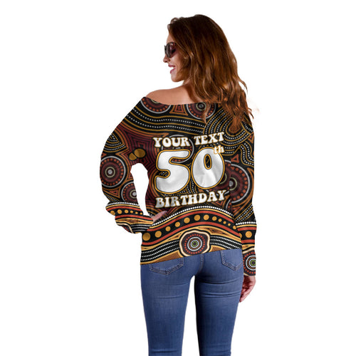 Personalised Aboriginal 50th Birthday Off Shoulder Sweater Indigenous Dot Painting Native Australian Celebration