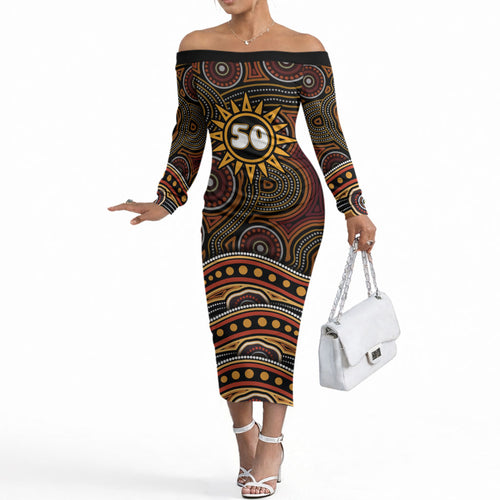 Personalised Aboriginal 50th Birthday Off The Shoulder Long Sleeve Dress Indigenous Dot Painting Native Australian Celebration