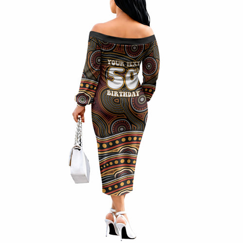 Personalised Aboriginal 50th Birthday Off The Shoulder Long Sleeve Dress Indigenous Dot Painting Native Australian Celebration