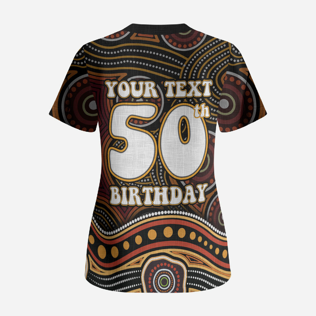 Personalised Aboriginal 50th Birthday Scrub Top Indigenous Dot Painting Native Australian Celebration