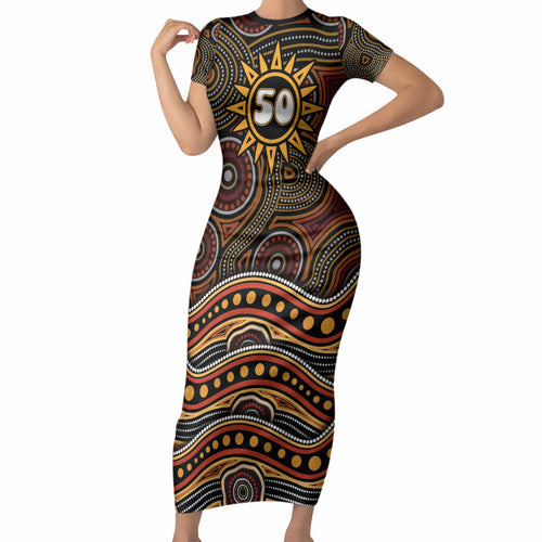 Personalised Aboriginal 50th Birthday Short Sleeve Bodycon Dress Indigenous Dot Painting Native Australian Celebration