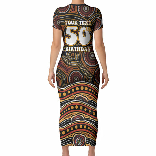 Personalised Aboriginal 50th Birthday Short Sleeve Bodycon Dress Indigenous Dot Painting Native Australian Celebration