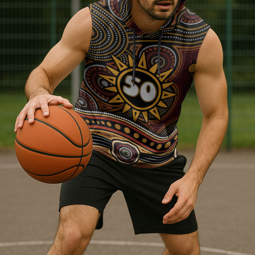 Personalised Aboriginal 50th Birthday Sleeveless Hoodie Indigenous Dot Painting Native Australian Celebration