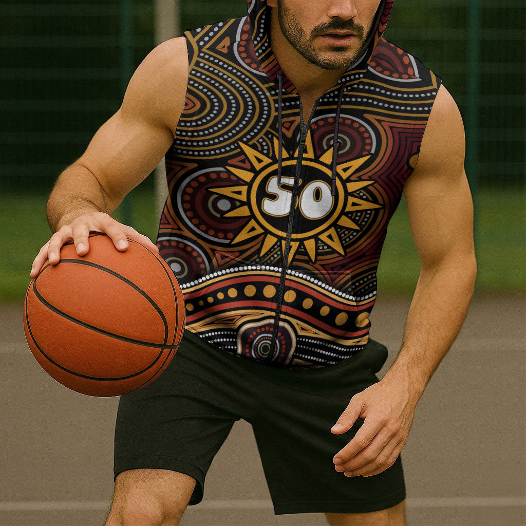 Personalised Aboriginal 50th Birthday Sleeveless Zip Hoodie Indigenous Dot Painting Native Australian Celebration
