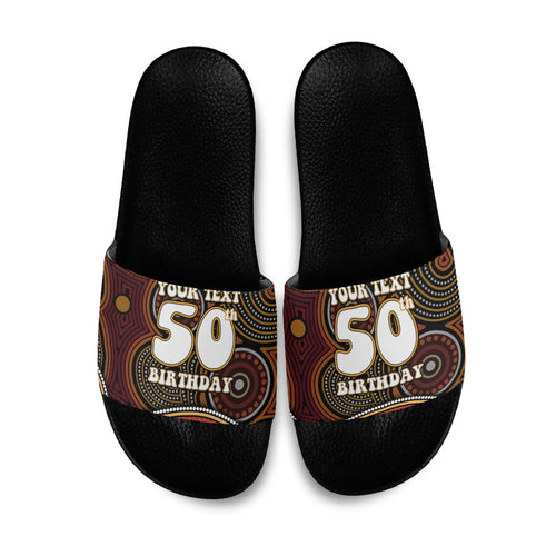 Personalised Aboriginal 50th Birthday Slide Sandals Indigenous Dot Painting Native Australian Celebration