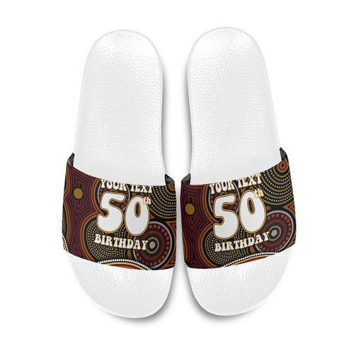 Personalised Aboriginal 50th Birthday Slide Sandals Indigenous Dot Painting Native Australian Celebration